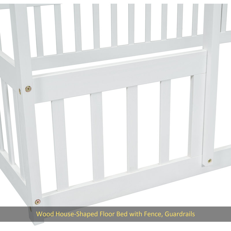 Full Wood House-Shaped Floor Bed With Fence, Guardrails,White, White, Full