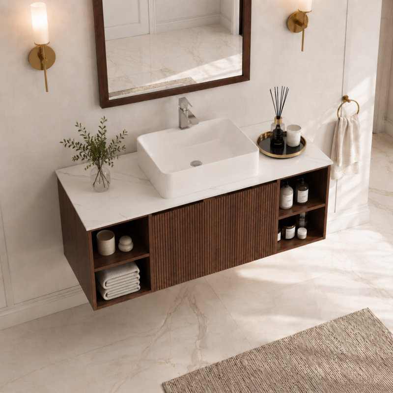 Meuble-lavabo flottant moderne 48 po avec plateau en pierre frittée résistant aux taches, tablettes ouvertes et armoire murale en bois pour petits espaces