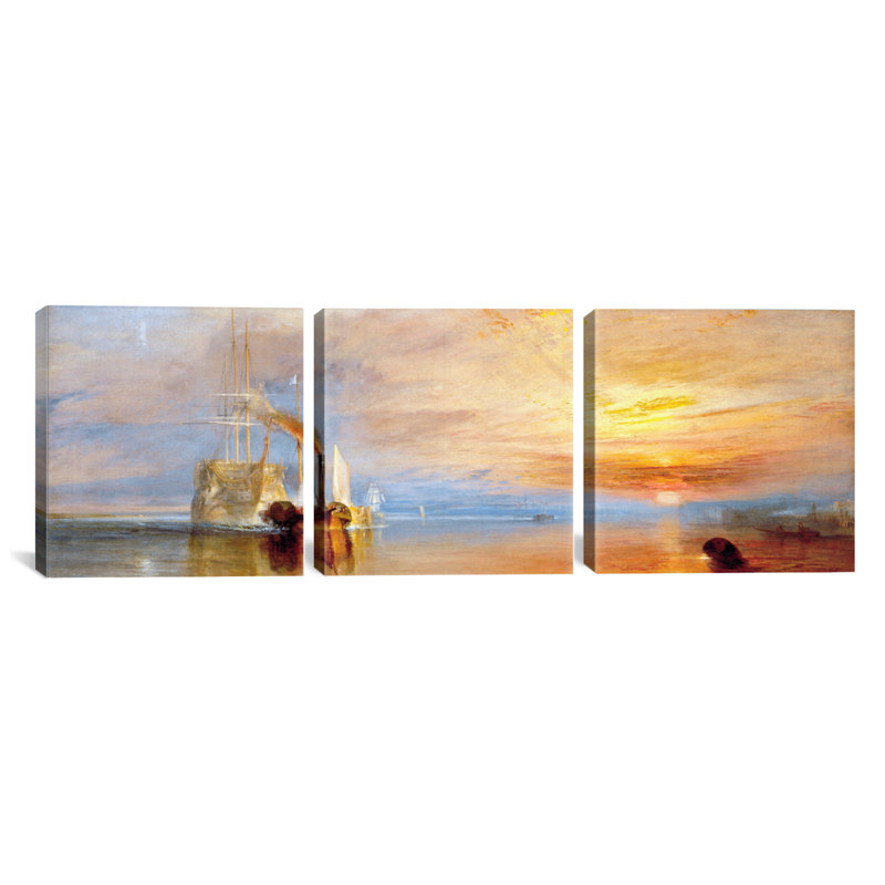 Ensemble de 3 reproductions d’art sur toile tendue, "combat temeraire" par j. m. i turner, H 20 po x l 60 po x P 1,5 po