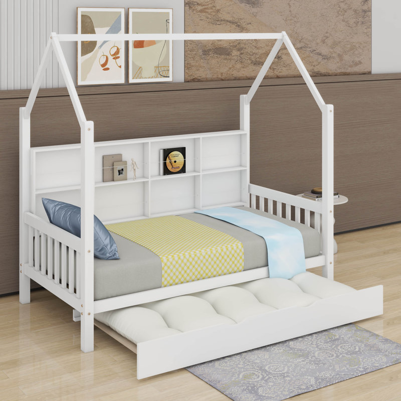 Wooden Twin Size House Bed With Trundle, Twin