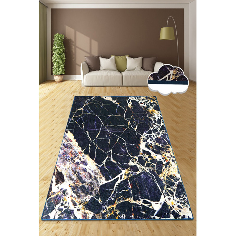 Stylish Navy Blue & Gold Area Rug, 3.3 x 4.6 Feet | 100% Polyester, 0.4 in Pile Height, Antibacterial & Non-Slip Underside | Machine Washable, Easy Care | Perfect for Living Room, Bedroom, or Home Office Décor