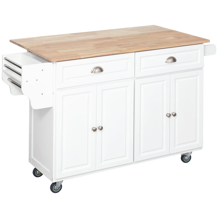 HOMCOM Kitchen Island with Drop Leaf Trolley Cart on Wheels Drawer Cabinet Towel Racks Versatile Use Natural Wood Top and White
