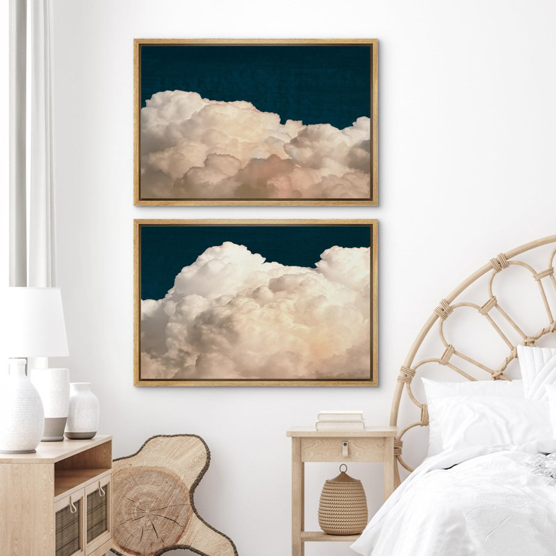 Nuage serein rétro bleu marine ciel bleu nature sauvage 2 pièces, Encadré naturel, H 16 po x l 24 po