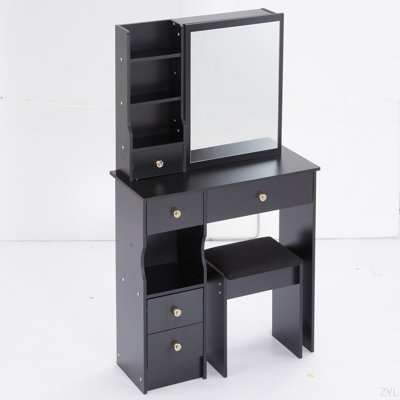29.2" Small Space Left Vanity Table + Cushioned Stool, Extra Large Right Sliding Mirror, Multi Layer High Capacity Storage, Practical Fashionable Dresser, Suitable For Small Space