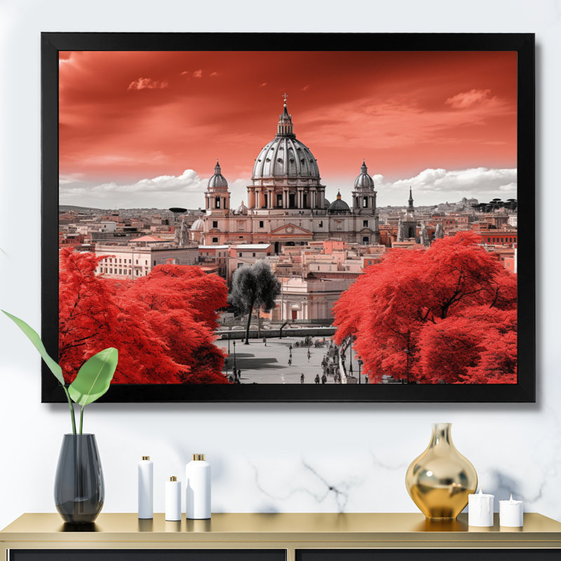 Paysage urbain monochrome rouge de Rome, Cadre simple noir, H 30 po x l 40 po x P 1,5 po
