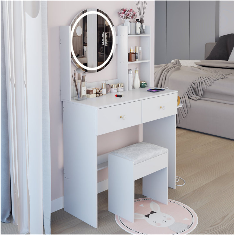 17" Round LED Mirror Vanity Table+Cushioned Stool, Equipped With 2 AC+2 USB Power Socket, Big Mirror, Touch Switch, 3 Colors, Adjustable Brightness, Large Desktop, Multi-Layer High Capacity Storage