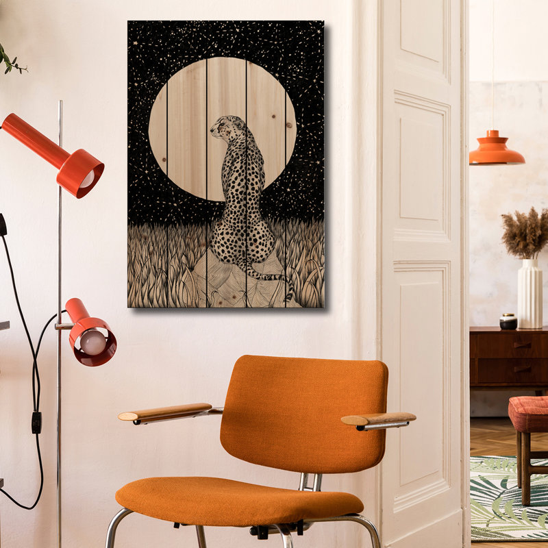 Reproduction d'art mural en bois - Lune guépard par Ella Mazur, H 40 po x l 26 po