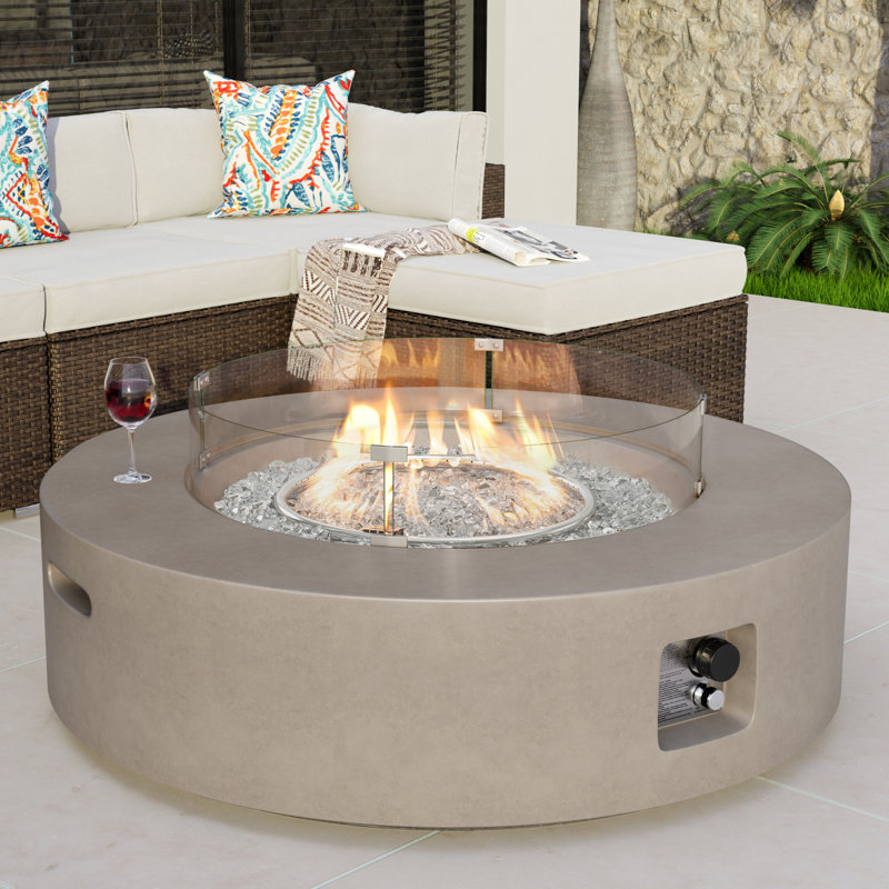 Outdoor Concrete Propane Fire Pit Table, Brown/Grey Fire Glass