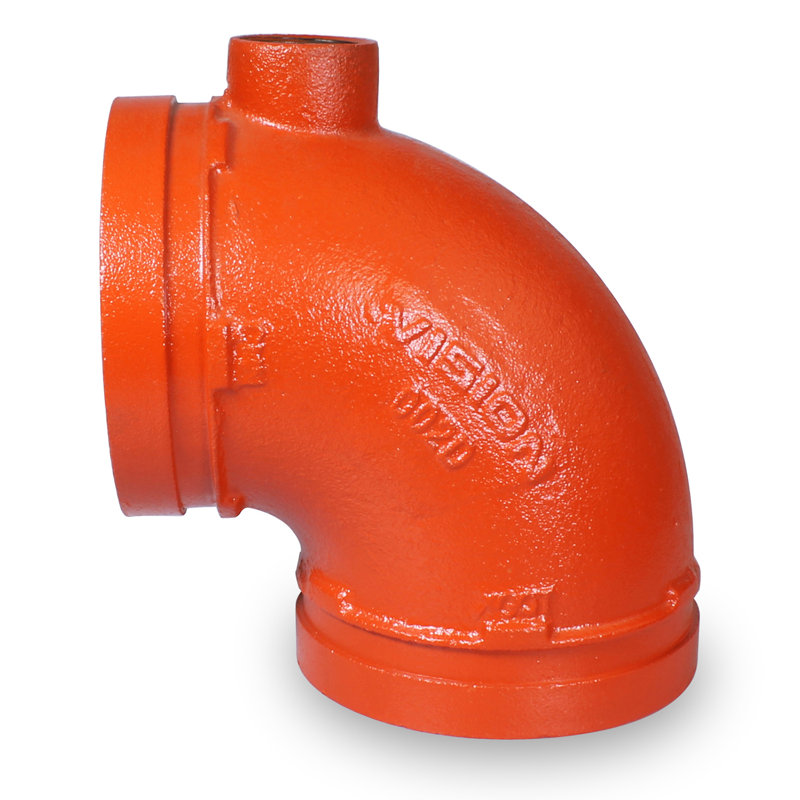 2-1/2" Grooved 90F Elbow With Drain Ductile Iron, Joins Pips In Wet And Dry Systems, Full Flow, Orange