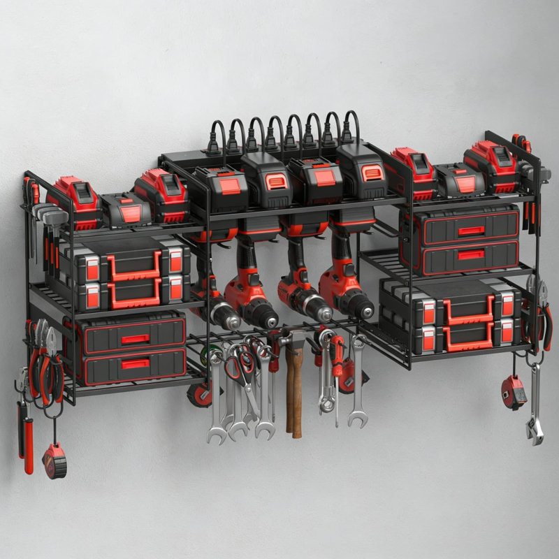 Rangement mural pour outils électriques avec station de charge - Support en métal pour perceuses, piles et accessoires, Rouge