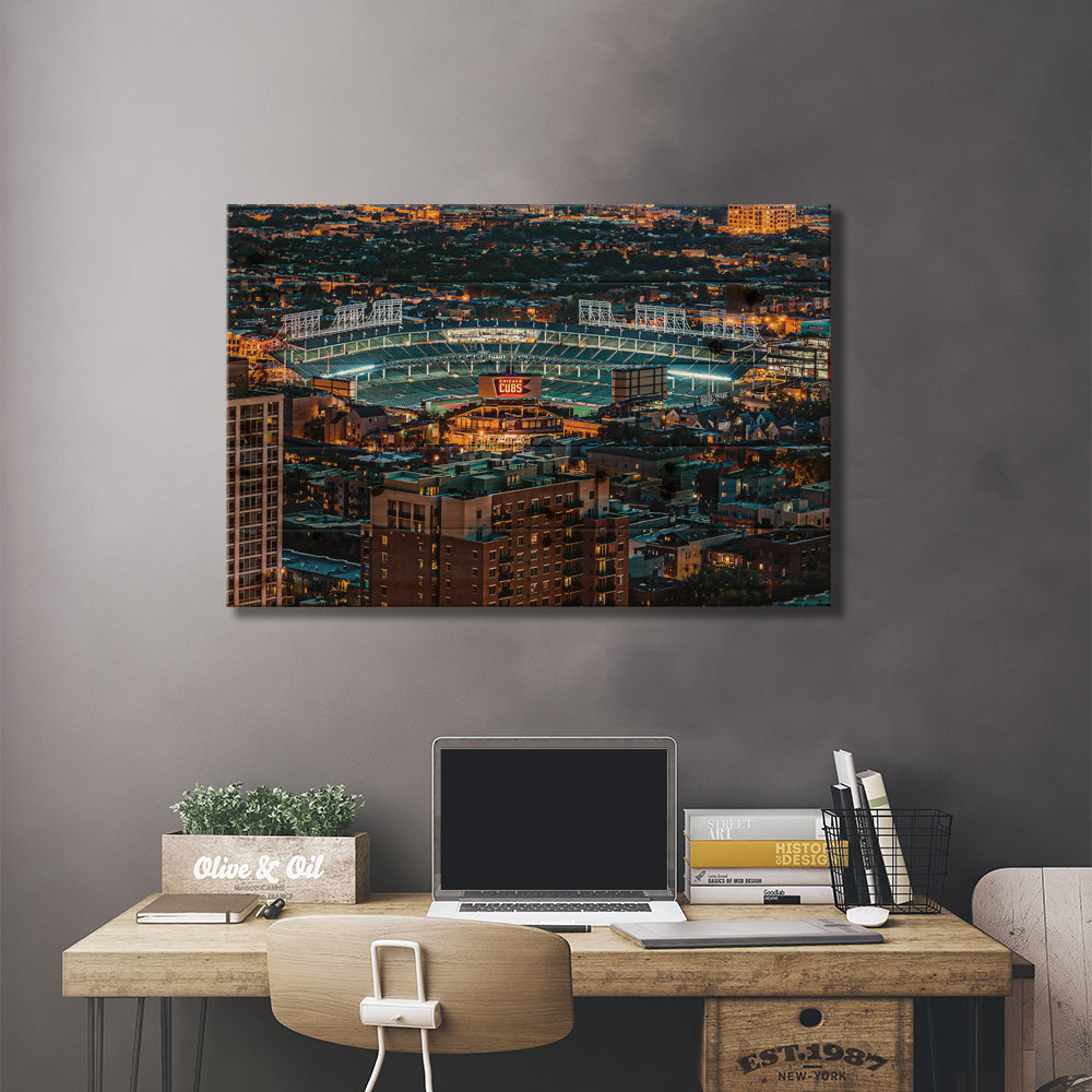 Wrigley Field, Park Place Towers, Nighttime by Raymond Kunst - Gallery-Wrapped Canvas Giclée Print East Urban Home 