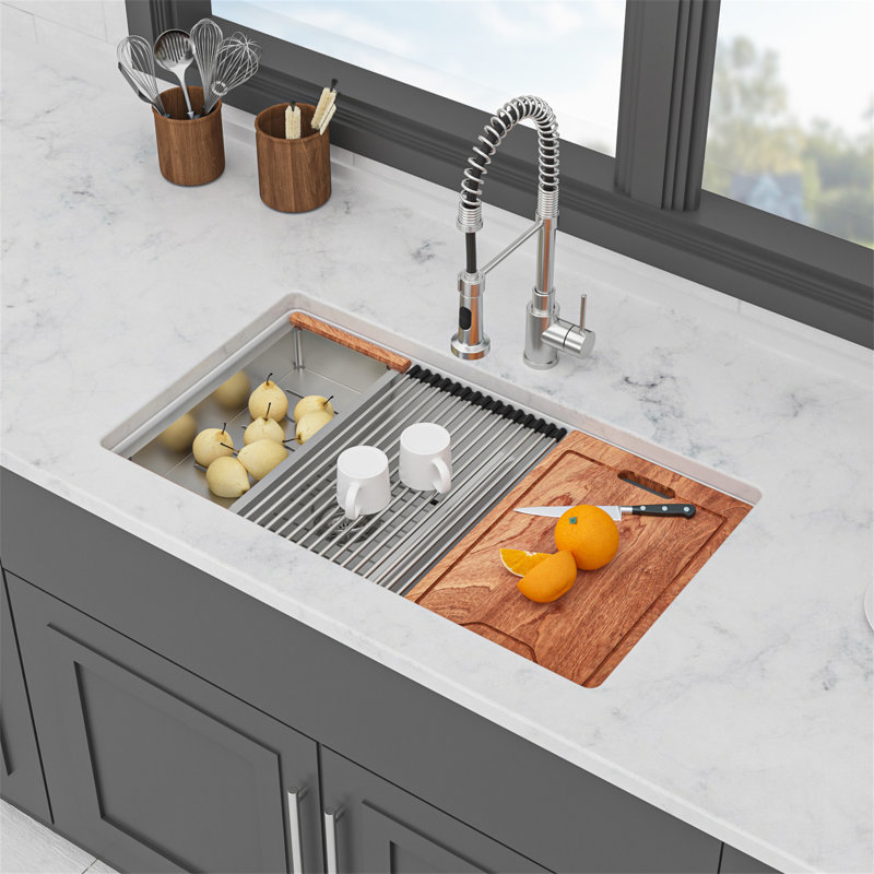 Quartz Kitchen Sink - 33" X 19" X 9.65" White Granite Composite Double Bowl  Workstation Undermount Kitchen Sink