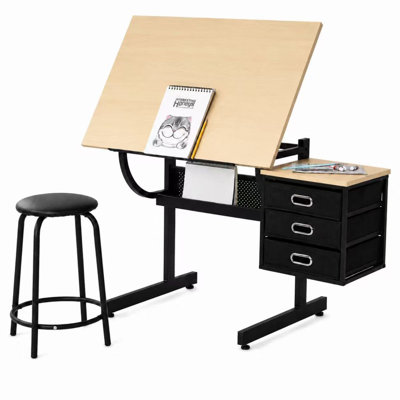 Maple tabletop  Adjustable drafting  drawing table for Crafting, Reading, Writing with stool and 3 Storage drawers