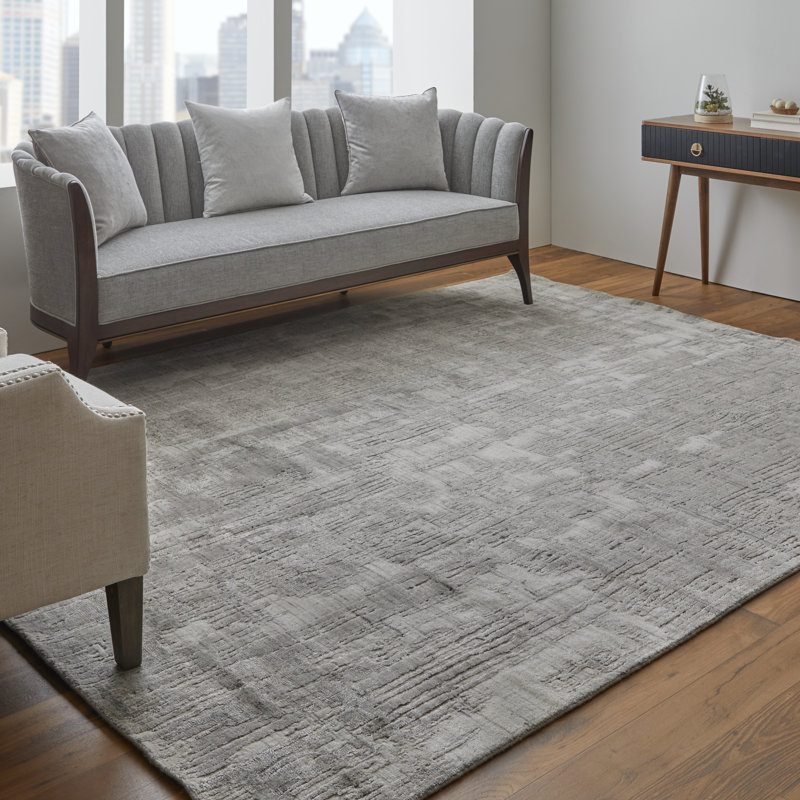 Tapis abstrait en viscose tissé à la main gris / ivoire, Rectangle de 5 pi x 8 pi