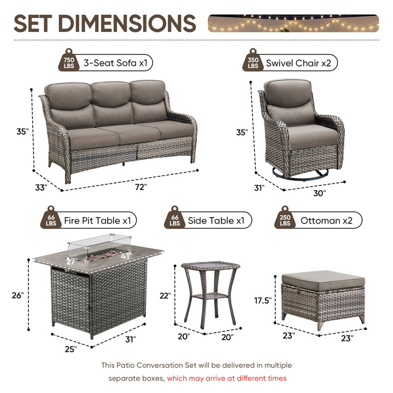 Anner 7-Piece Outdoor Wicker Patio Conversation Set With Rectangle Fire Pit Table, Swivel Gliders And Ottomans, Gray, Gray