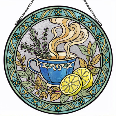 Tea Cup Stained Glass Window Panel，7.8H