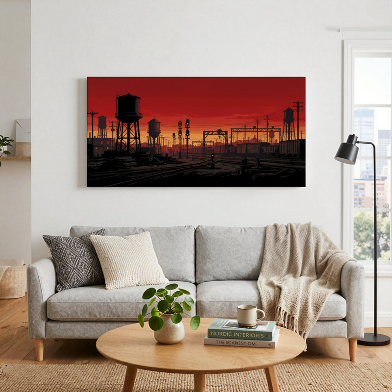 Ensemble de 1 tableau sur toile représentant un coucher de soleil sur la voie ferrée, L 40 po x H 20 po, Toile tendue