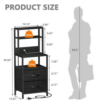Set of 2 LED Charging Nightstands, Tall Bedside Tables with 2 Drawers & 3 Open Shelves Each, 2 Outlets & 2 USB Ports, 3-Color Light Tube