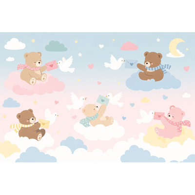 Nursery Wallpaper Cute Teddy Bears Removable Pastel Sky Wall Decor