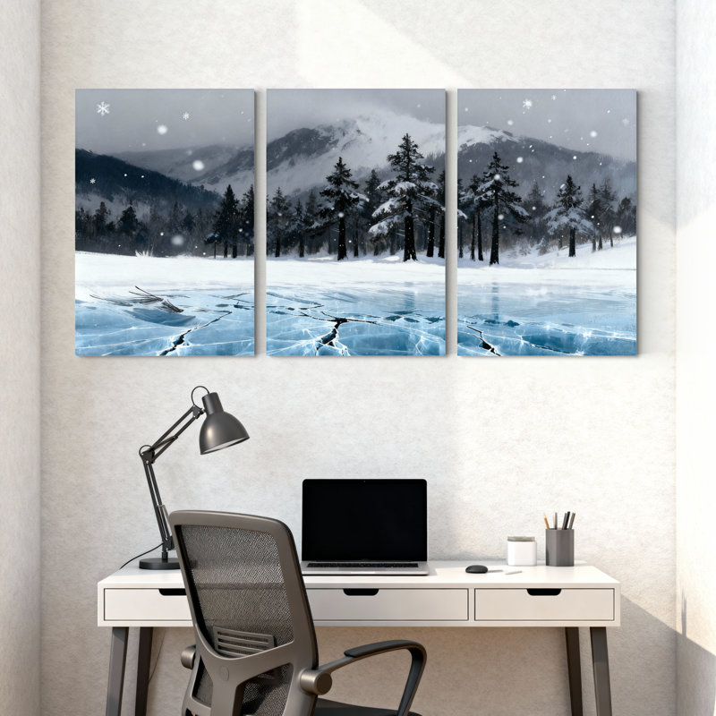 Hiver, forêt, paysage d'hiver, montagnes enneigées, lac de glace, ensemble de 3 impressions sur toile, H 18 po x l 36 po