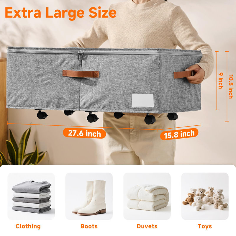Grand rangement sous le lit avec roulettes, bac à chaussures sous le lit avec couvercle transparent, panier de rangement sous le lit avec sac à roulettes, paquet de 2 (gris)
