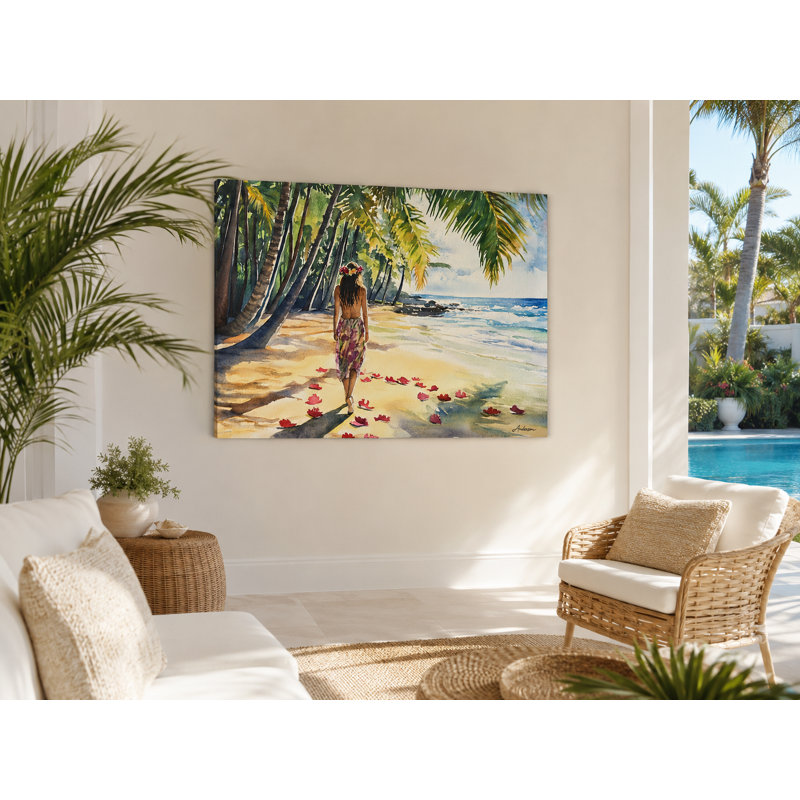 «Tropical Beach Stroll», aquarelle sur toile côtière, H 36 po x l 48 po