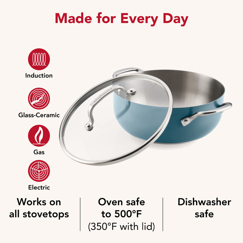 Kitchenaid Color-Finished Stainless Steel 3-Ply Base Casserole With Lid, 4-Quart, Agave, Blue