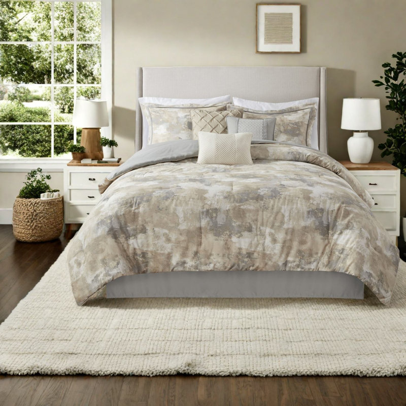 Ensemble de literie luxueux en mélange de coton 7 pièces, design gris moderne