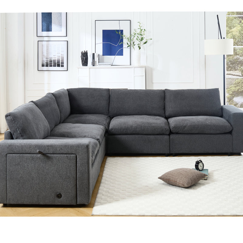 5 canapés modulaires, modulaire de salon avec charge sans fil et support, en L, gris, tissu en lin doux, formation de bricolage, porte-gobelets de charge, en L gris