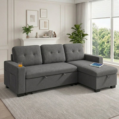 82" Sleeper Sectional Sofa with Pull-Out Bed, Convertible L-Shaped Couch with Reversible Storage Chaise, USB Ports, Cup Holders & Side Table for Living Room, Small Space, Apartment