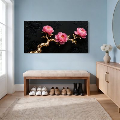 Décoration murale sur toile tendue représentant des pivoines roses sur une branche dorée, avec fond noir, idéale pour le salon, la chambre ou la décoration intérieure (1 pièce)