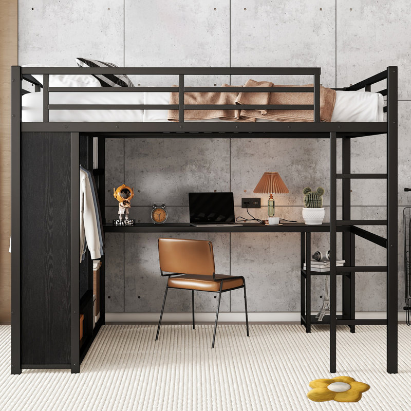 Structure de lit mezzanine en métal avec garde-robe intégrée, bureau et tablettes de rangement, Grand