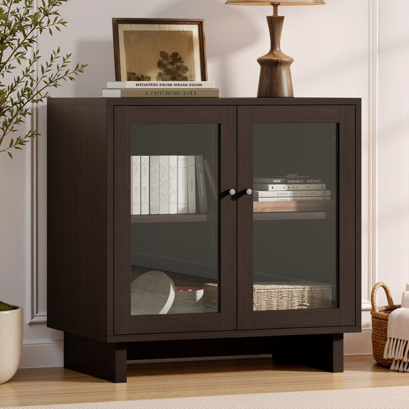 Buffet Almaguer de 80 cm de large avec porte vitrée, tablette réglable et fini grain de bois, noyer brun, Brun noyer
