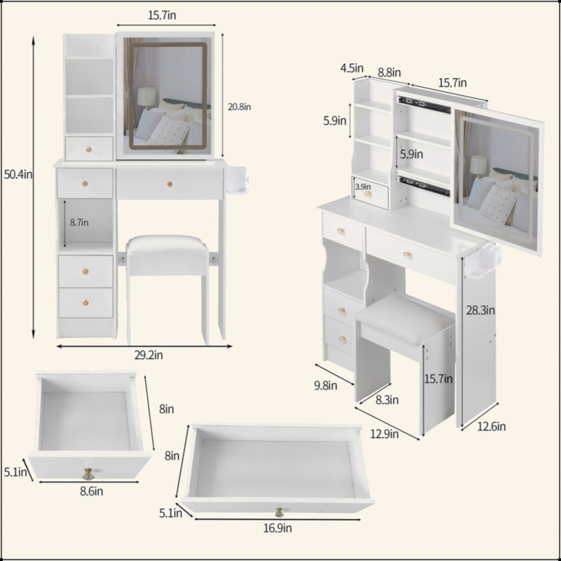 Small Size Left Drawer Desktop Vanity Table + Cushioned Stool, 2 AC+2 USB Power Station, Hair Dryer Bracket, Extra Large Touch Control Sliding LED Mirror, Tri-Color Switching, EPA,GCC,UL Certificate