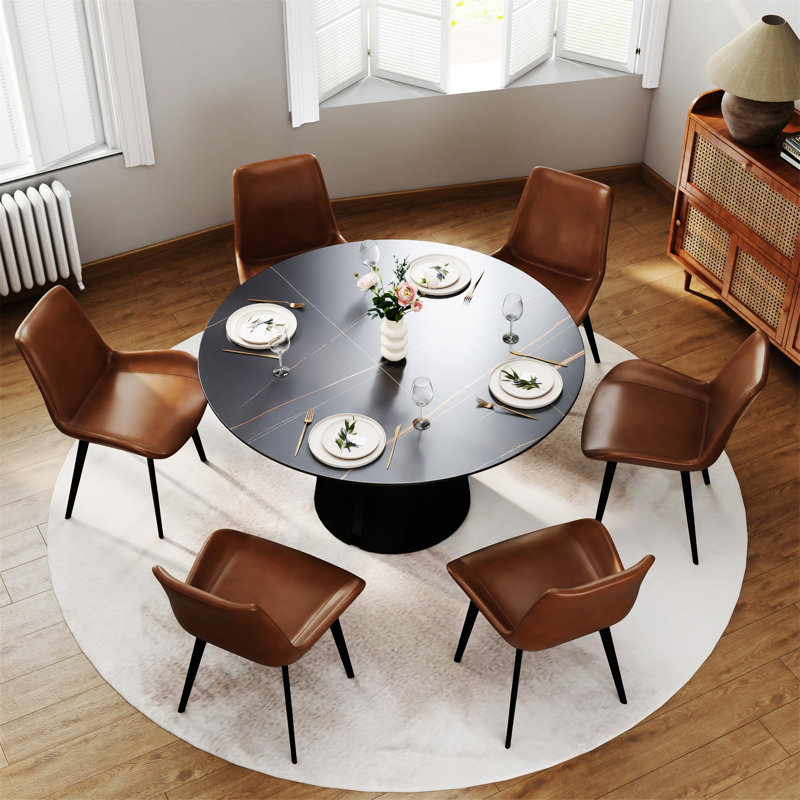 Table de salle à manger moderne 53,15 po en pierre artificielle ronde en acier au carbone noir pouvant accueillir 6 personnes avec 6 chaises