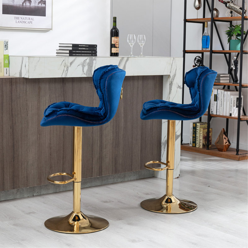 Set Of 2  Bar Stools,With Chrome Footrest And Base Swivel Height Adjustable Mechanical Lifting Velvet + Golden Leg Simple Bar Stool-Blue