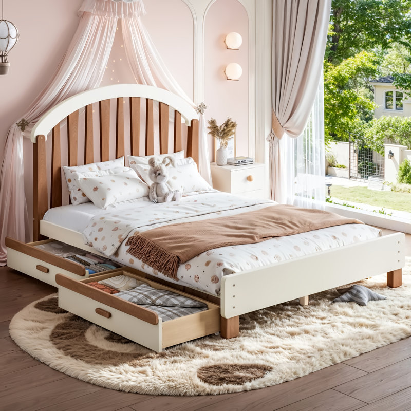 Lit plateforme avec rangement, structure en bois massif, tête de lit ronde, sans sommier, Full