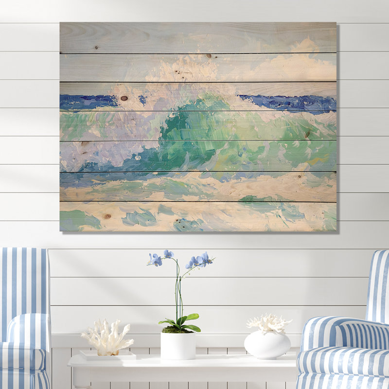 «Oceanic Waves Calm Horizon», impression sur bois vert côtier sur bois de pin naturel, H 10 po x l 20 po