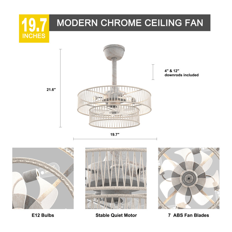 20" Modern Ceiling Fan With Lights And Remote Control, 6-Speed Adjustable Height And Timer