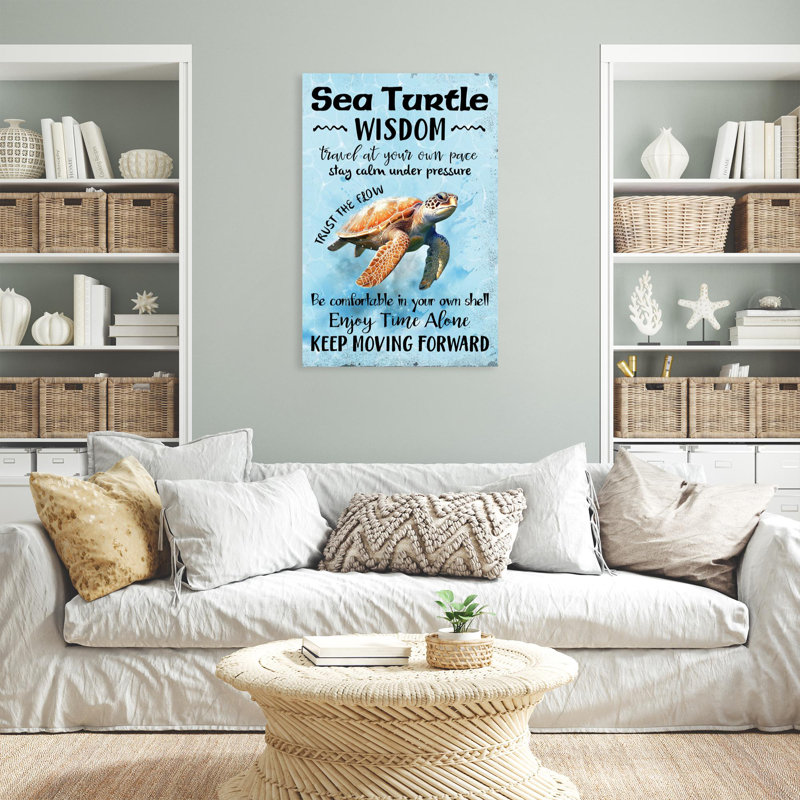 Une tortue de mer - «Sea Turtle Wisdom Enjoy Time Alone Keep Progress» - 1 pièce, impression sur toile tendue