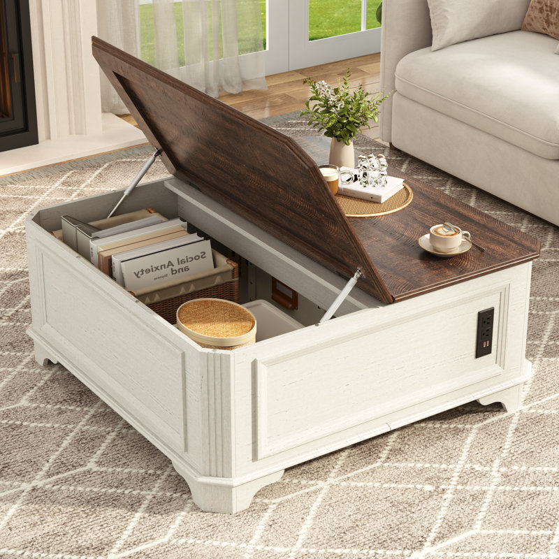 Table basse 40 po, table basse de rangement en bois avec plateau relevable, Blanc, Brun