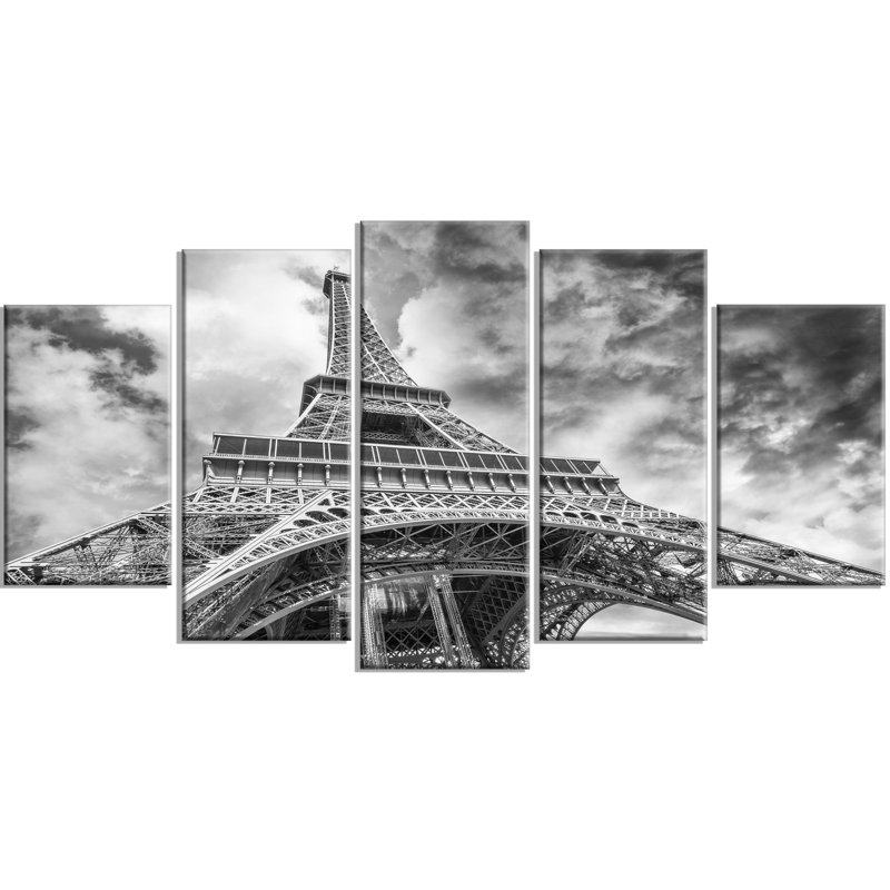 Ensemble de 5 reproductions de photo sur toile tendue, vue noir et blanc de la tour paris eiffel