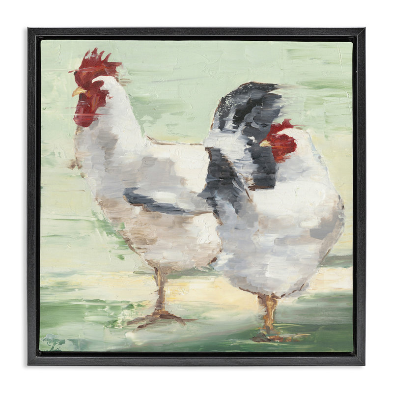 «Farmhouse Chickens Hens», peinture, H 18 po x l 18 po, Cadre flottant noir de jais