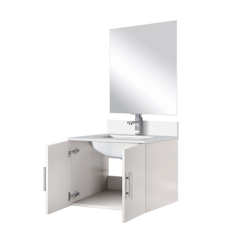 Meuble-lavabo blanc lustré 61 cm (L) x 56 cm (P) avec comptoir en quartz, miroir et robinet - Résistant aux égratignures et aux taches