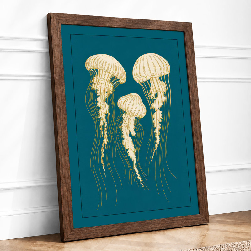 Three Jellyfish Coastal - Framed Print, A1 - 84.1 x 59.4 cm, Walnut