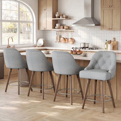 26" Upholstered Counter Stool, Swivel Bar Stool with Solid Wood Legs, Comfortable Backrest and Footrest for Kitchen Island