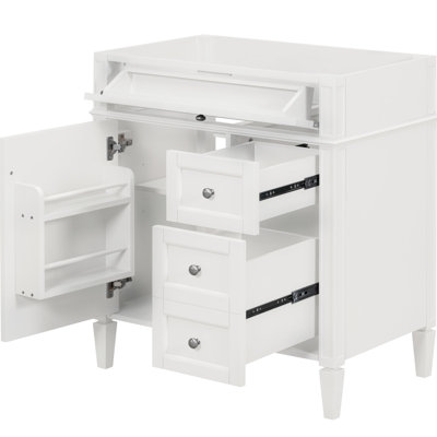 Meuble-lavabo de 30 po, 3 tiroirs, organisateur de porte d'armoire, tablette réglable, tiroir basculant, fonctions de rangement variées, design moderne, assemblage en bois massif blanc à pieds romains exquis pour un métal lisse