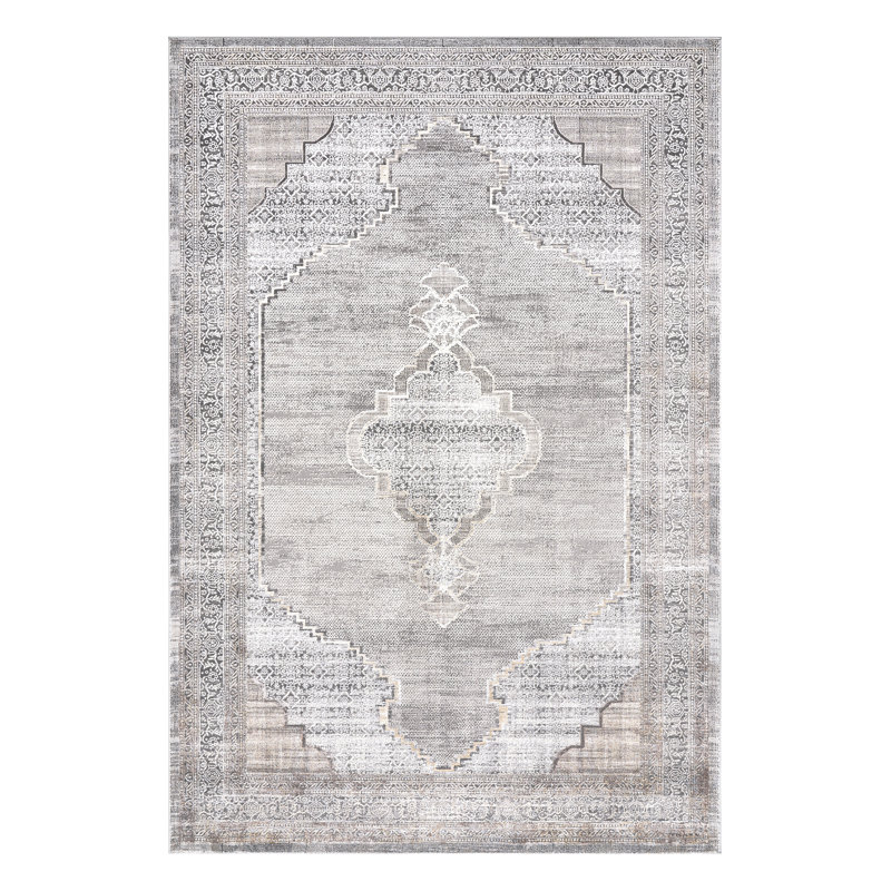 Tapis oriental gris rectangulaire en polyester tissé à la machine Johnluis, Rectangle 9 pi 4 po x 13 pi 1 po