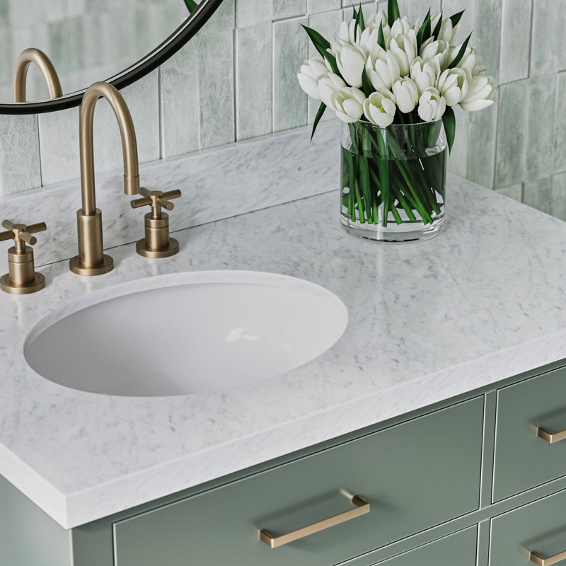 Meuble-lavabo simple en bois massif 36 po Tidworth avec plateau en marbre de Carrare 1,5 po, Gauche, Ovale