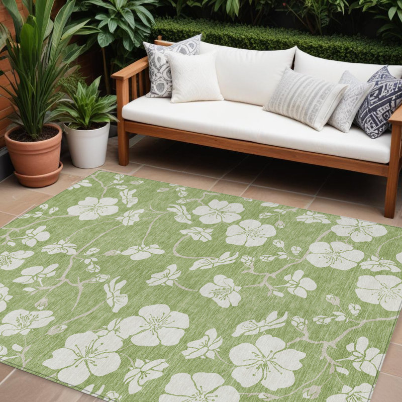 Tapis intérieur / extérieur 10 pi x 14 pi vert et ivoire à motif floral articulé lavable